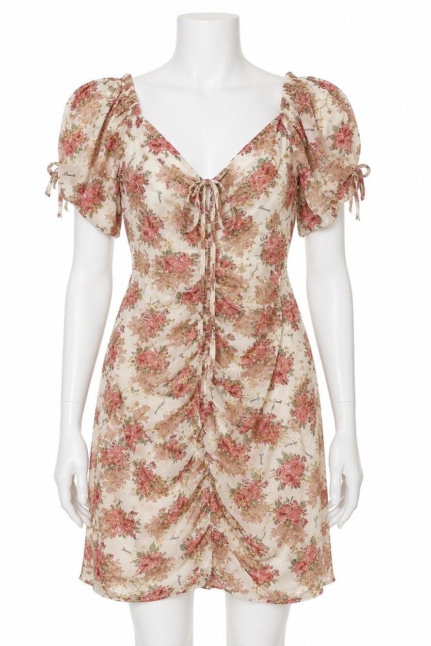 Boutique Floral Ruched Mini Dress Cream Pink Gold Puff Sleeve M